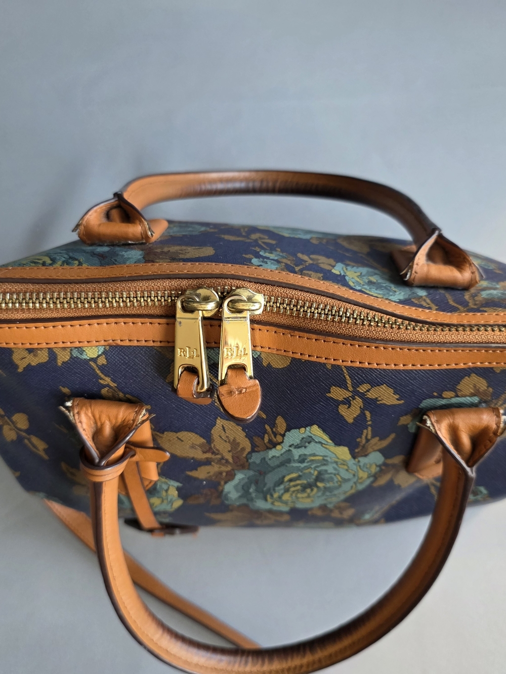 Lauren Ralph Lauren Blue Rose Floral Satchel Crossbody Bag Leather Trim LRL - Picture 6 of 13